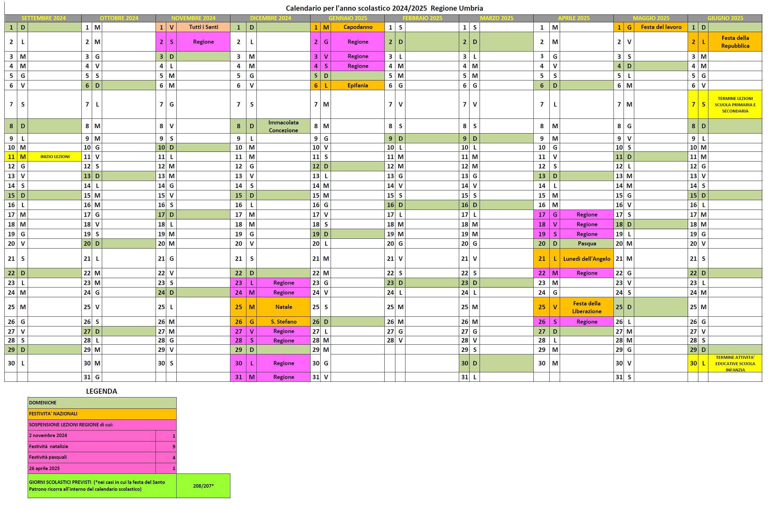 Calendario scolastico 2024-25
