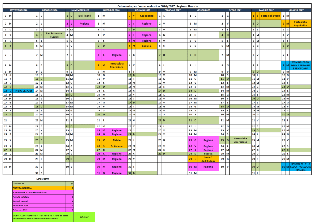 Calendario scolastico Umbria 2026-27